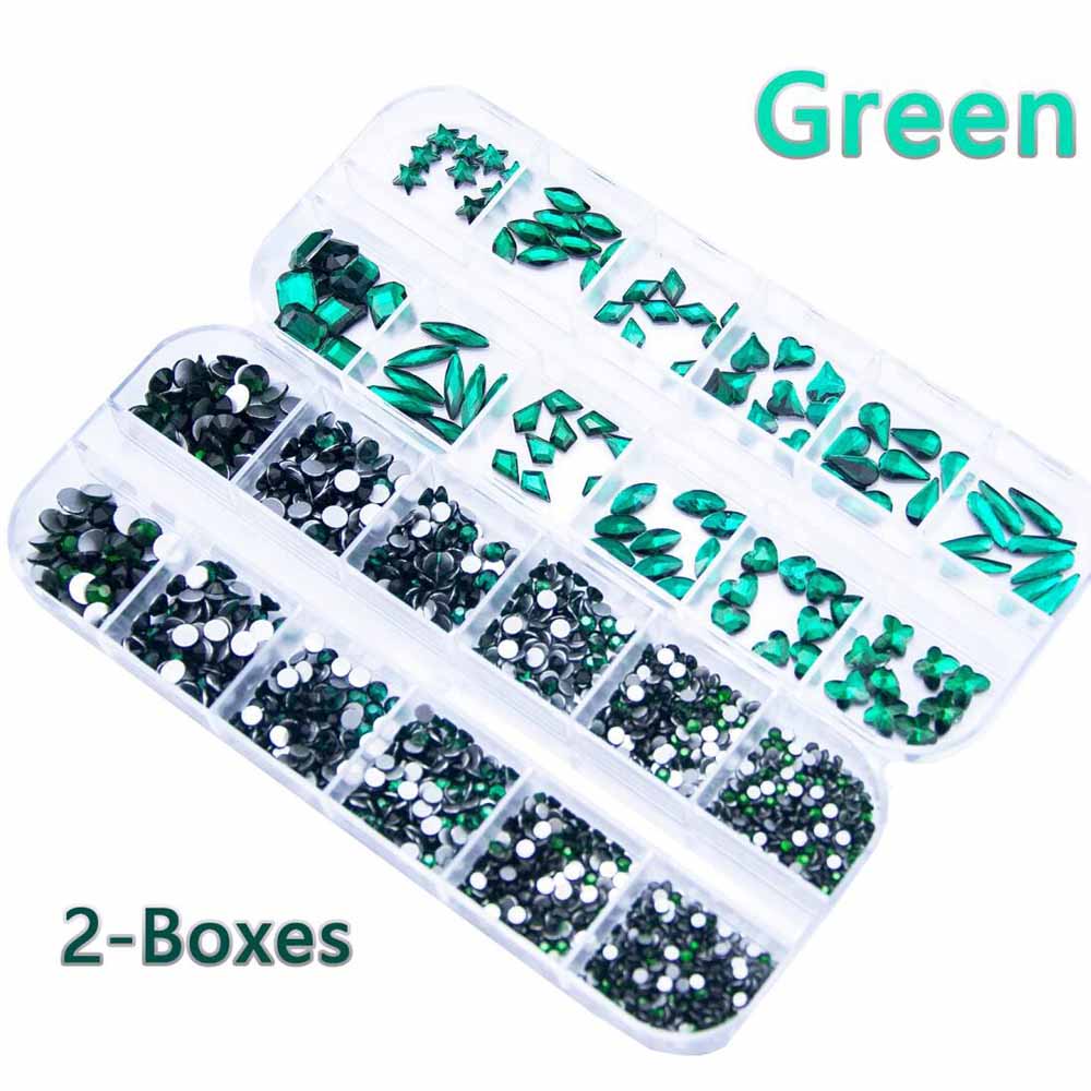 Nail Art Emerald Green - 2상자 에메랄드 그린 네일 라인스톤 멀티