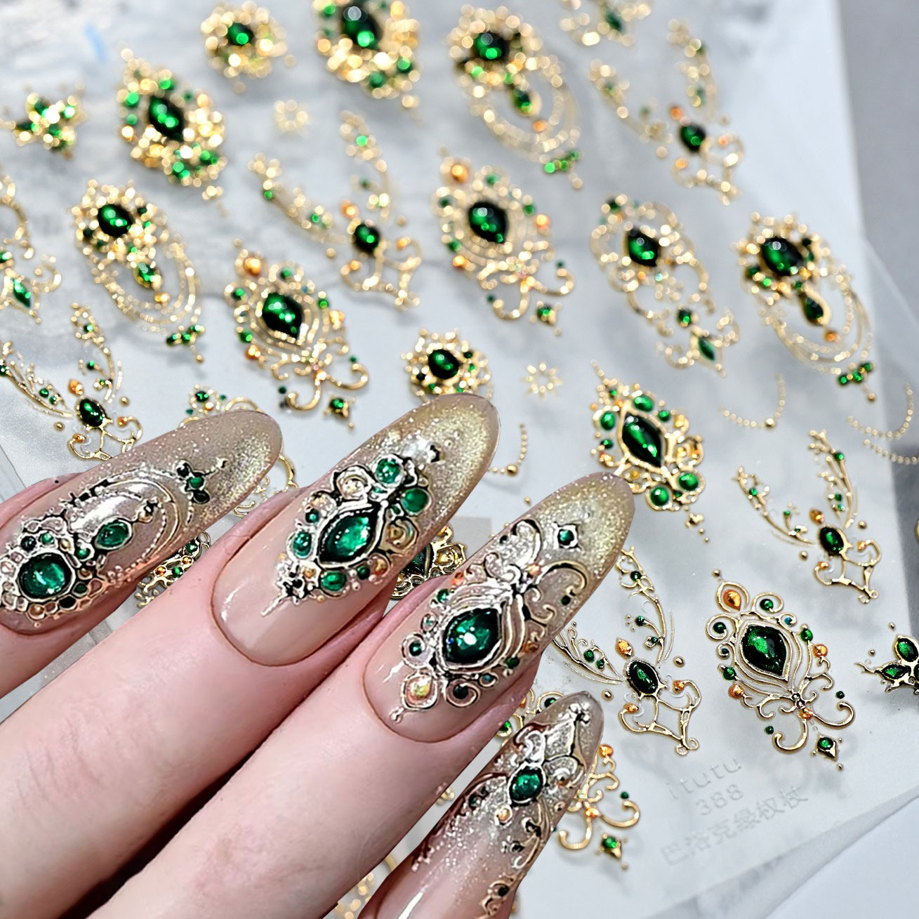 Nail Art Emerald Green - 5D 엠보싱 에메랄드 보석 네일 아트