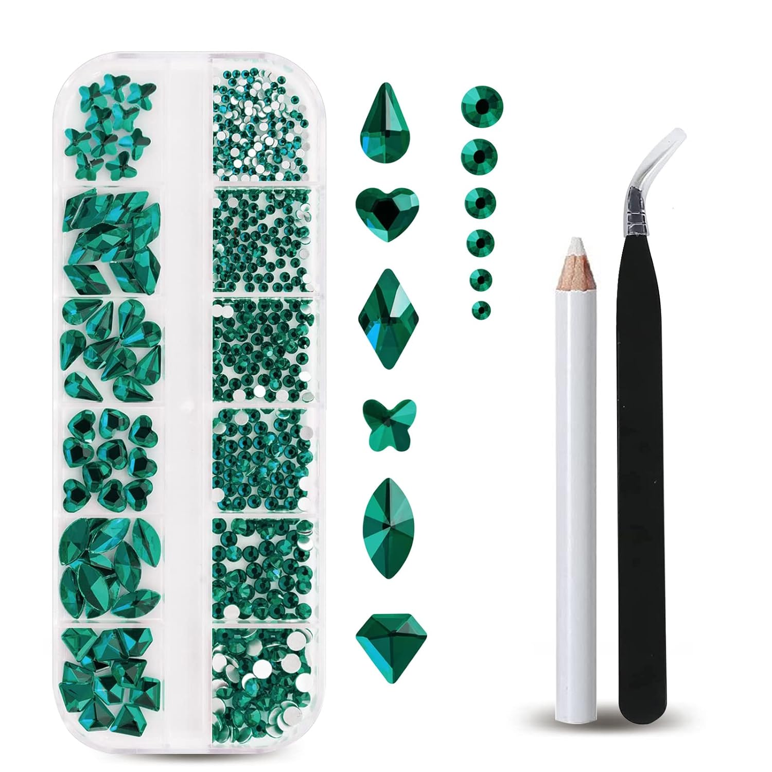 Nail Art Emerald Green - 12 그리드 에메랄드 플랫백 네일 라인스톤,