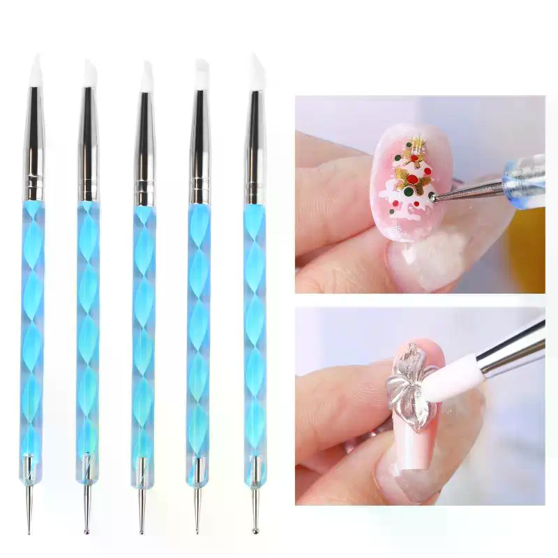Nail Art Dotting Tool - 5개 실리콘 클레이 조각 도구, 브러쉬