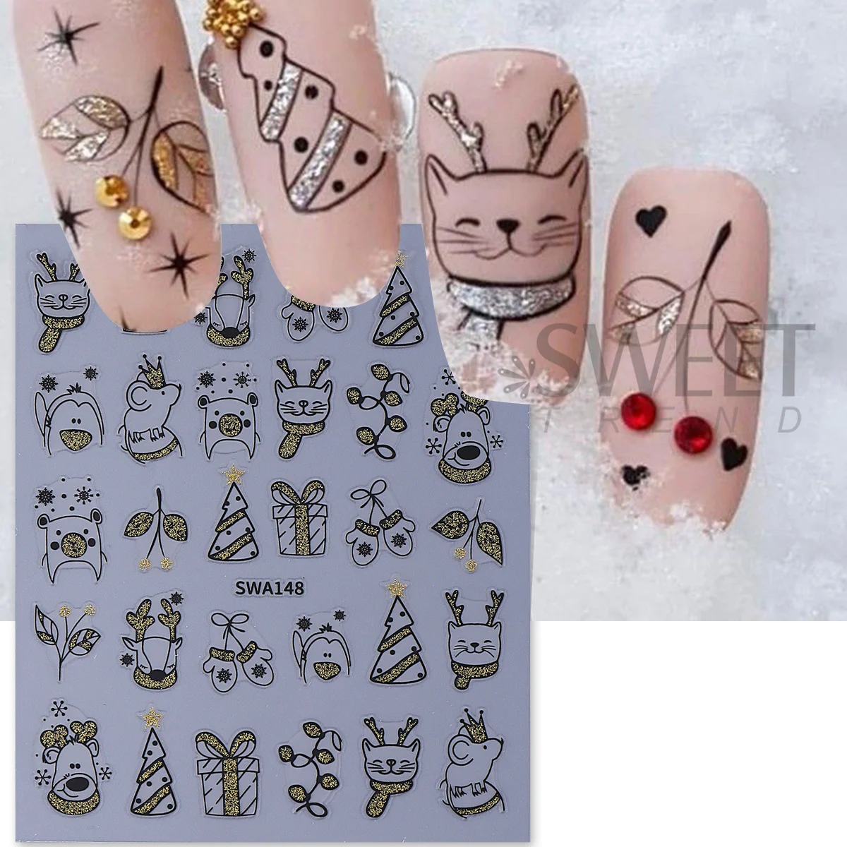 2개 반짝이는 만화 크리스마스 네일 아트 스티커 반짝이 - Nail Art Xmas Simple 리뷰 및 가격